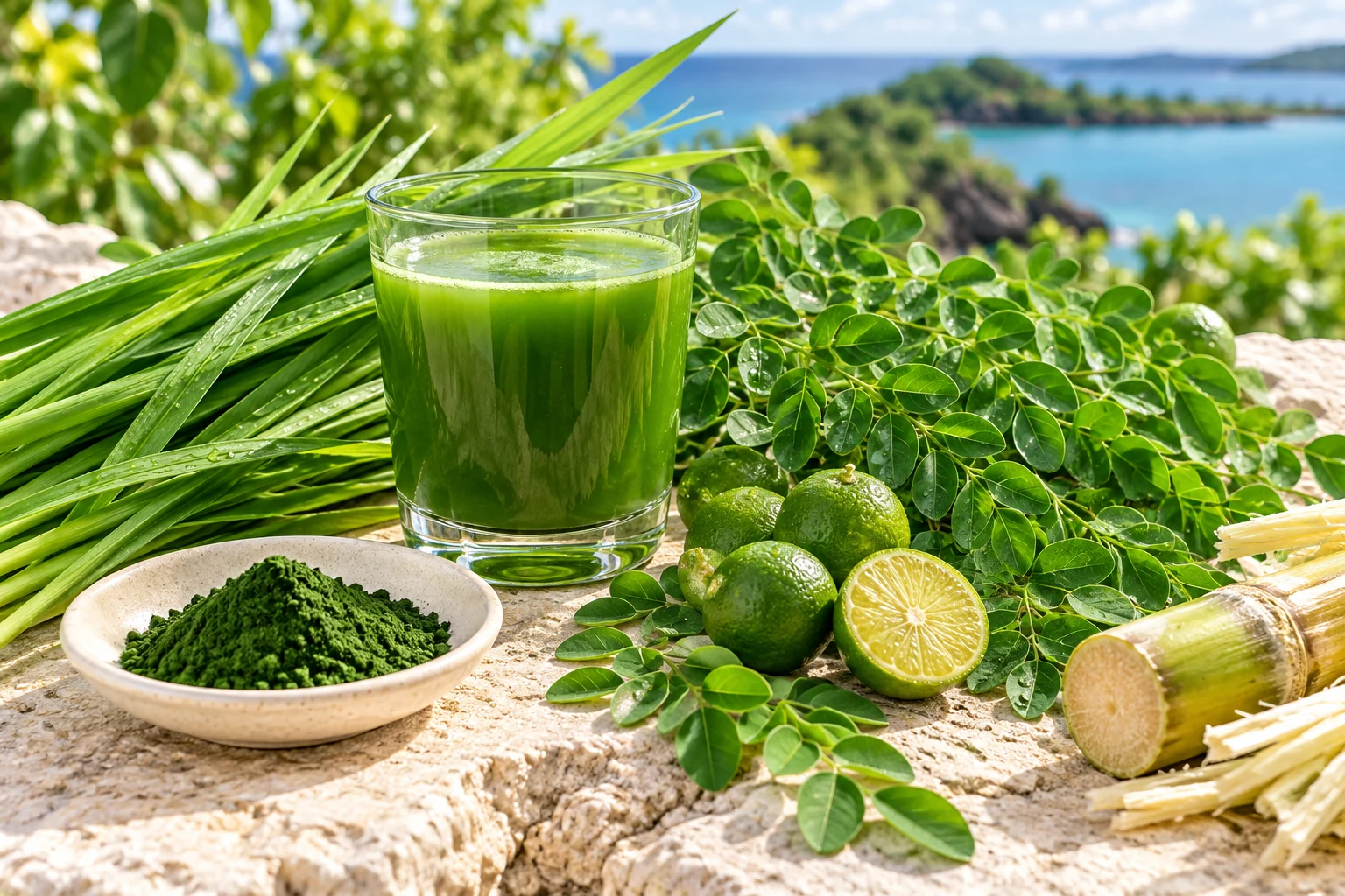A vivid green drink surrounded by young barley leaves, moringa, chlorella powder, shikuwasa citrus and sugarcane against an Okinawan coastal backdrop