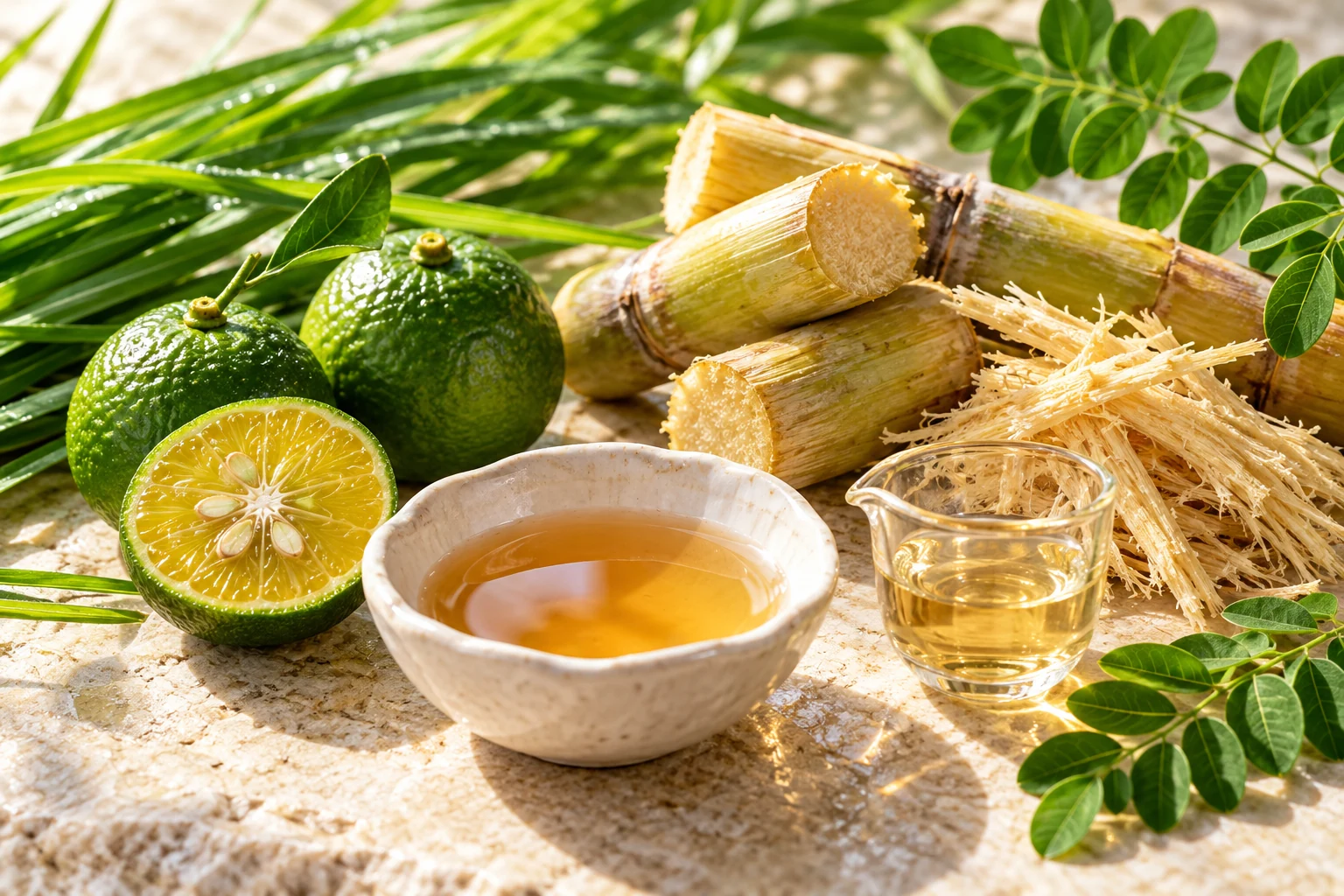 Juicy shikuwasa halves and whole citrus beside cut sugarcane, pale bagasse fibres and amber liquid in glassware