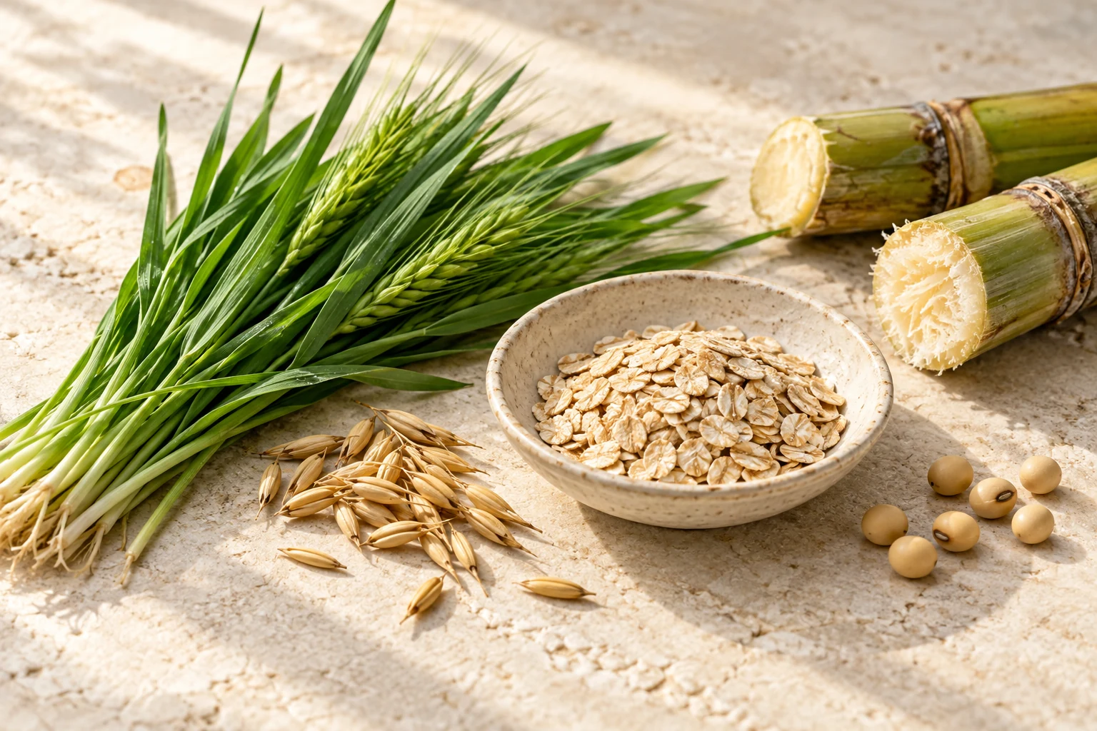 Green cereal leaves, whole grains, rolled oats, sugar cane and soybeans arranged on pale stone