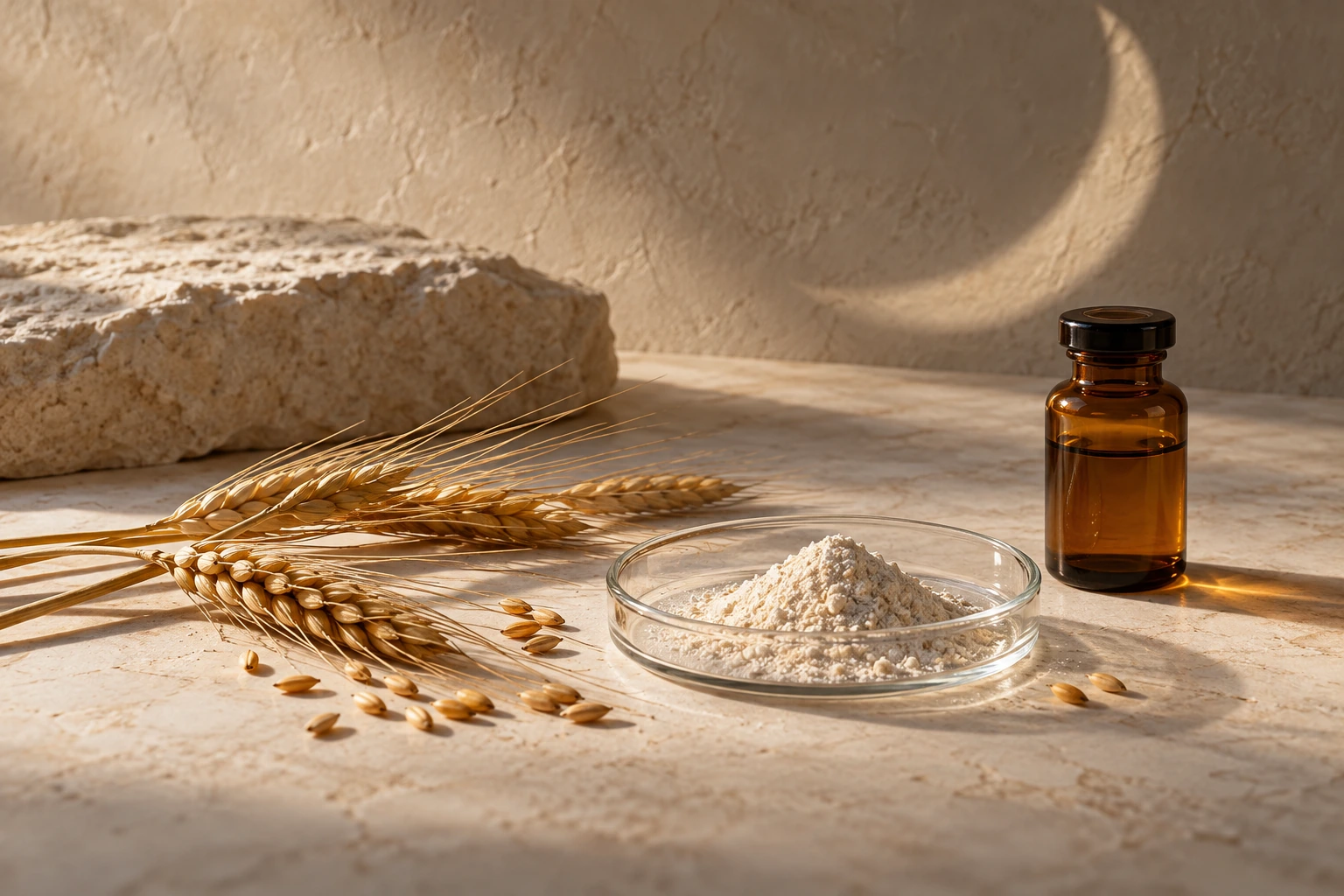 Editorial still life of barley, pale powder in laboratory glass and an amber vial, with a soft crescent motif on an ivory backdrop