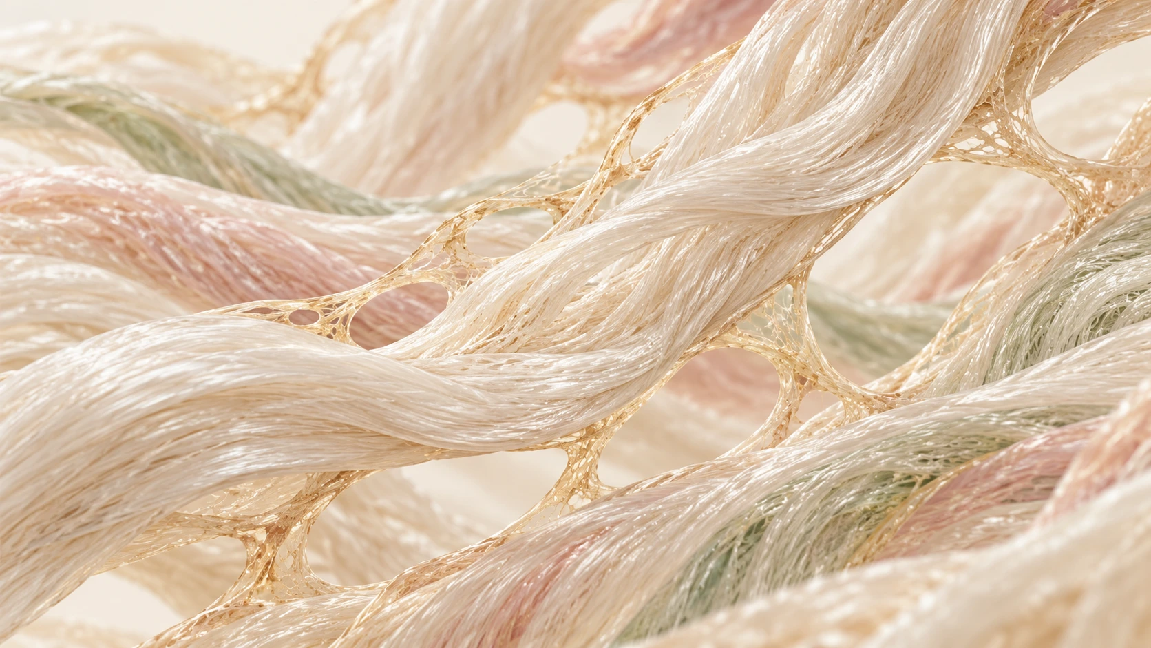 Pearl-toned fibrous ribbons and champagne-gold connections in an abstract collagen-inspired pattern