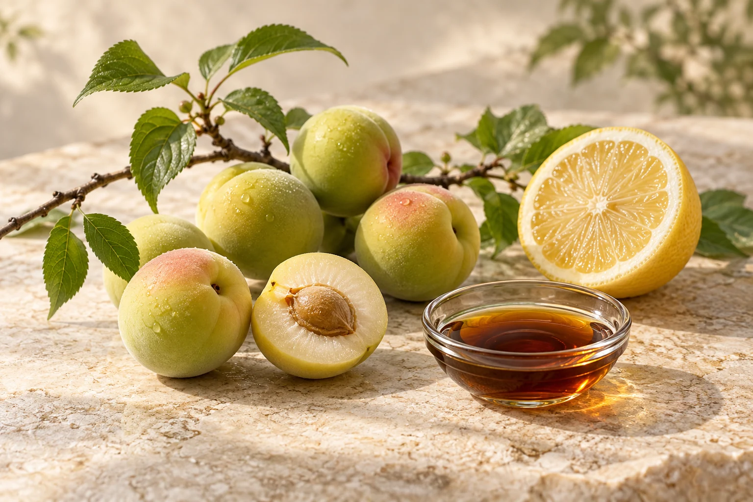 Fresh Japanese ume fruits, a cut fruit with its stone, lemon and an amber concentrate on warm ivory stone