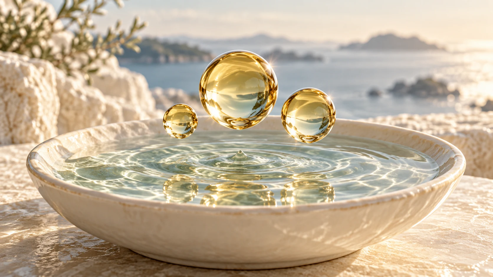 Three translucent golden oil droplets above an ivory porcelain dish with pale sea reflections