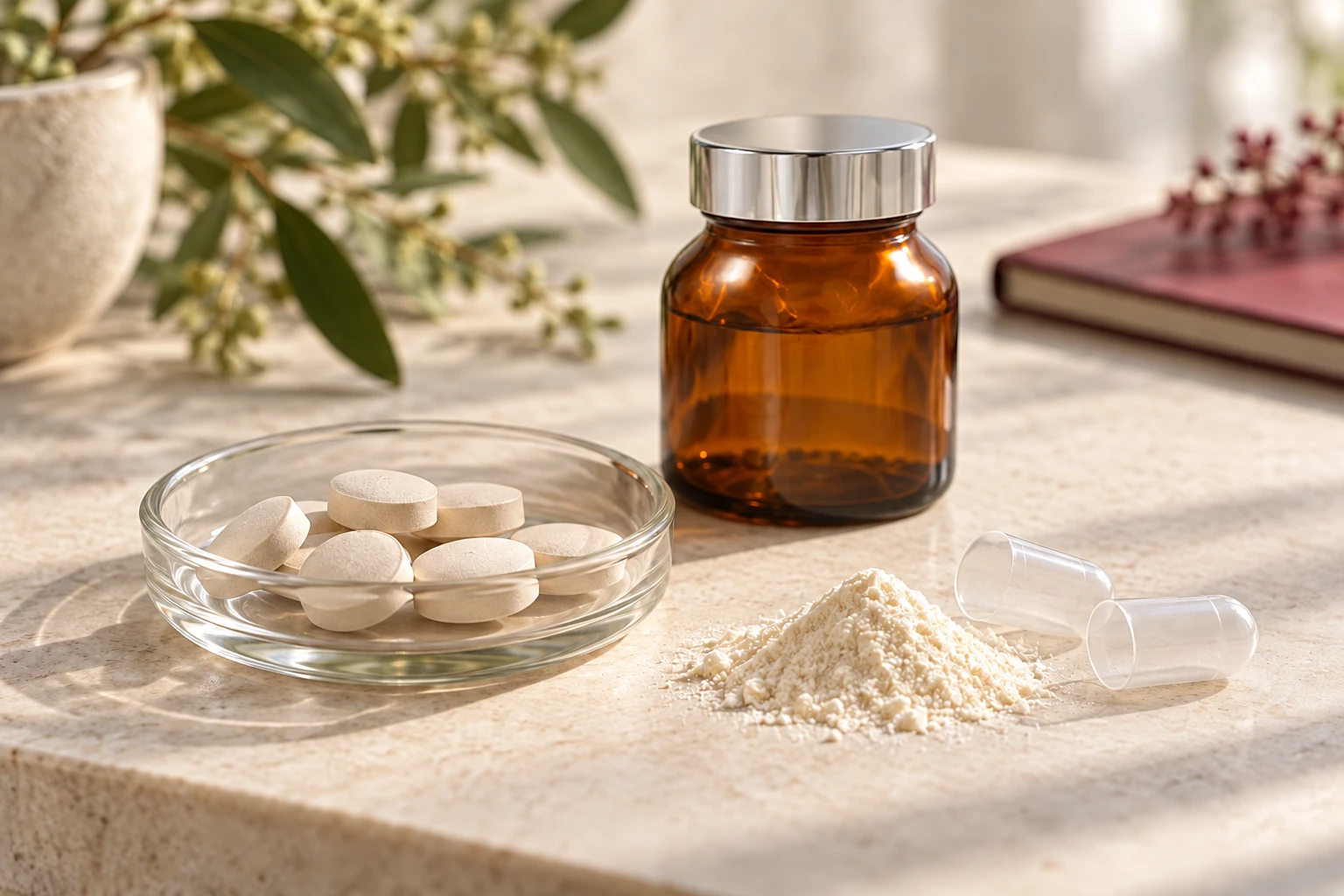 An illustrative still life of plain tablets, empty capsule halves, powder and an amber jar with Yotsuba packaging proportions and a silver cap