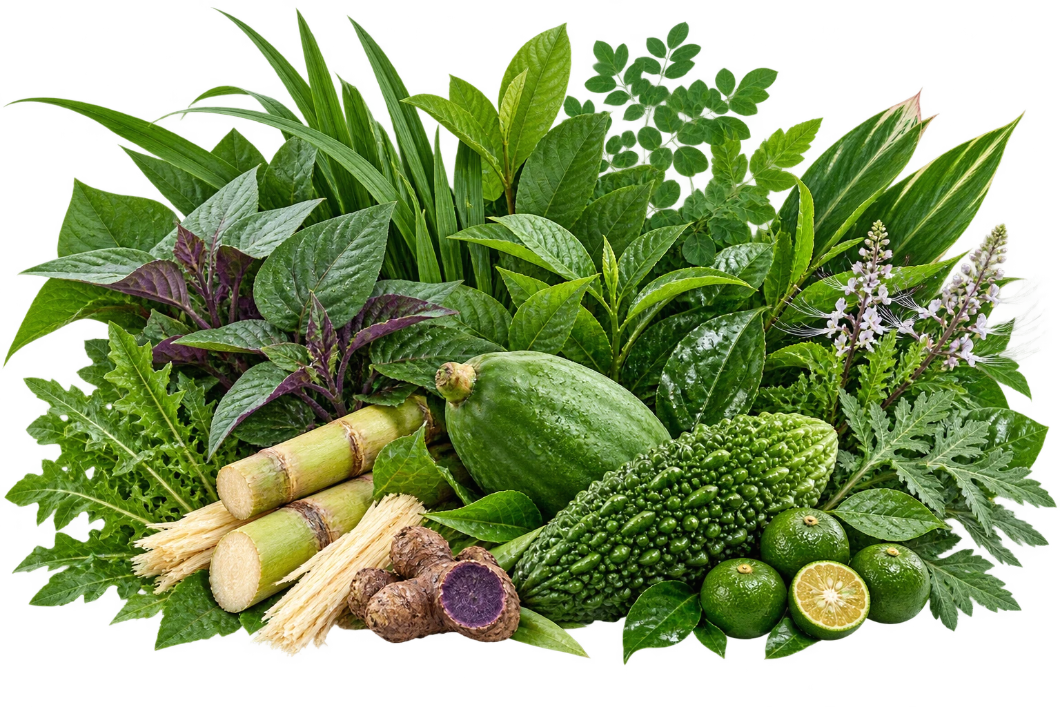 Lush Okinawan botanical blend with goya, green papaya, shikuwasa, sugarcane and varied leafy greens