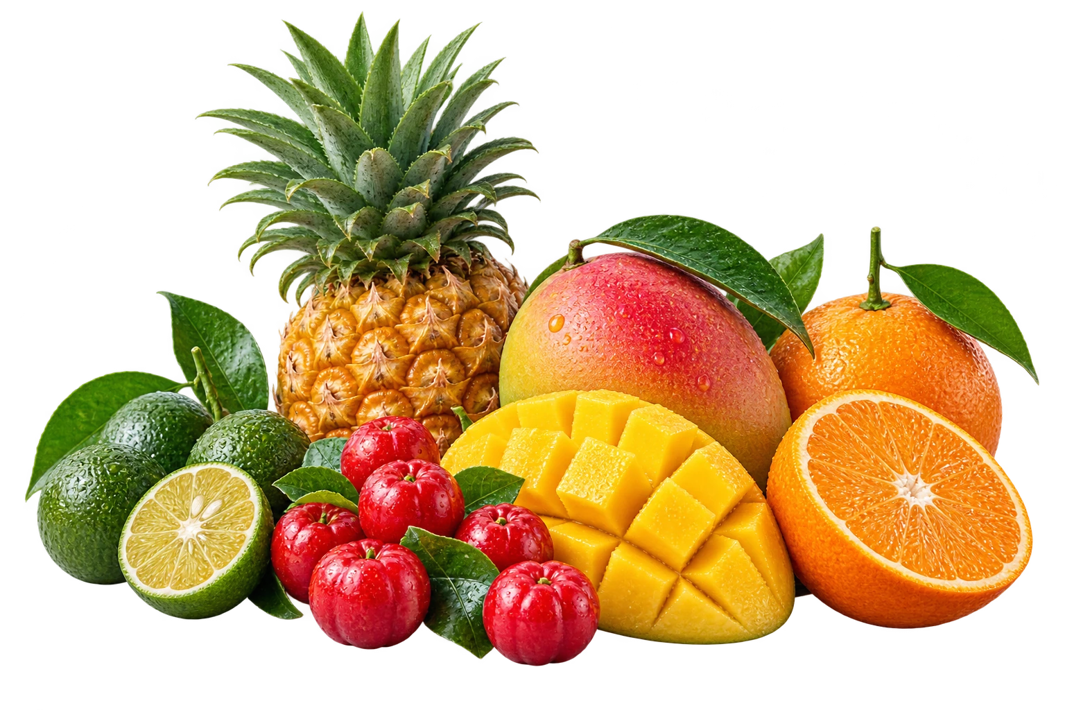 A juicy Okinawan fruit composition with pineapple, mango, red acerola, green shikuwasa and orange tankan